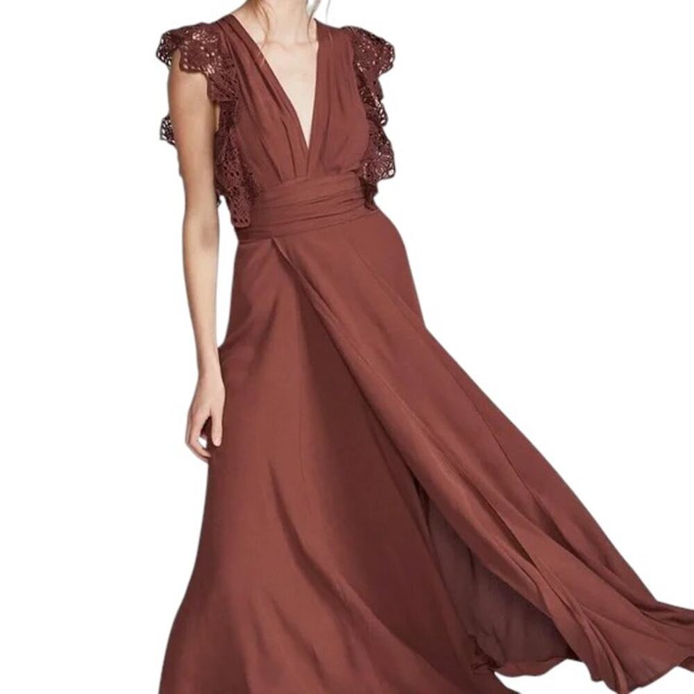 Elegant Deep Brown V-Neck Maxi Dress with Lace Cap Sleeves